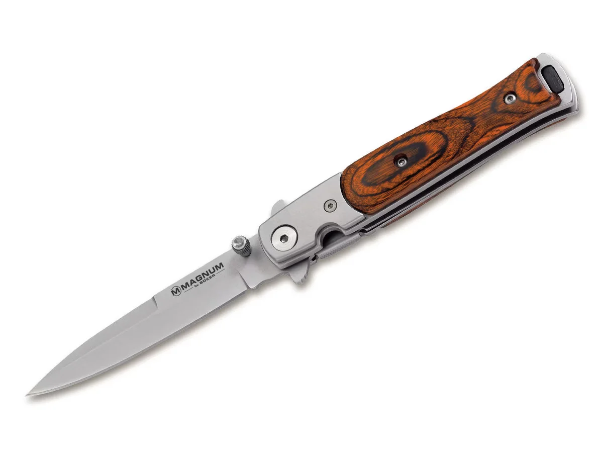 Nóż składany Boker Magnum Stiletto, ostrze 8,3 cm ze stali 440A, rękojeść drewniana