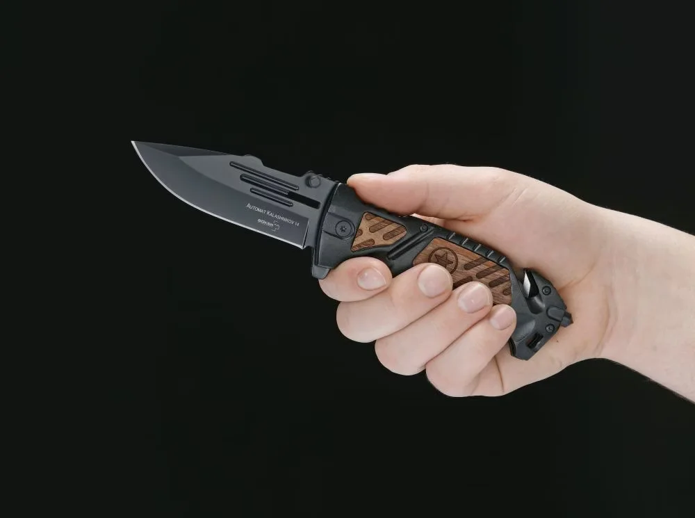 Nóż Böker Plus AK-14 składany z flipperem i przecinakiem do pasów — zdjęcie 6